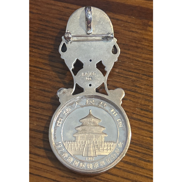 Women's Sajen Silver & Blue Carved Stone Panda Coin Brooch Pendant One Size - Picture 2 of 5